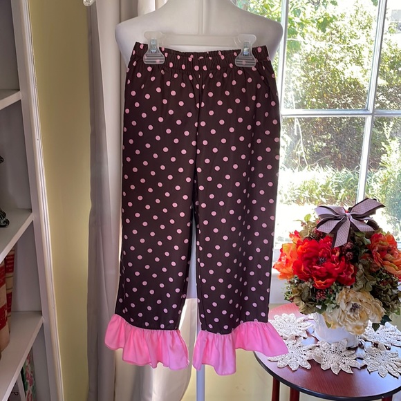 Girls Boutique Pink Polka Dot Monogram I Ruffle Pants Set With Custom Bow - Picture 6 of 8